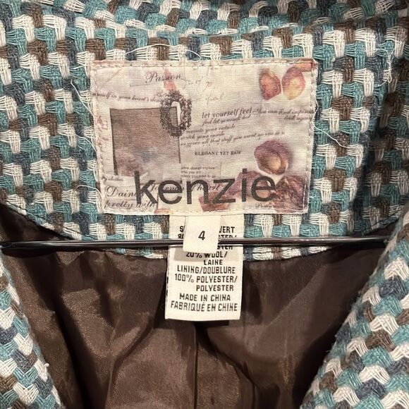 Vintage Y2K Kenzie Woven Brown and Turquoise Wool Blend Trench Coat - Picture 5 of 10